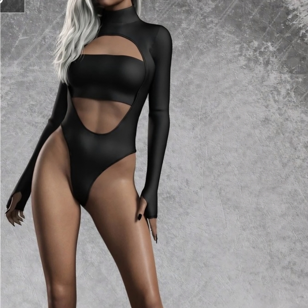 Candy Catz black cutout bodysuit NWOT small rave goth cyber punk gogo stretchy - Picture 3 of 3